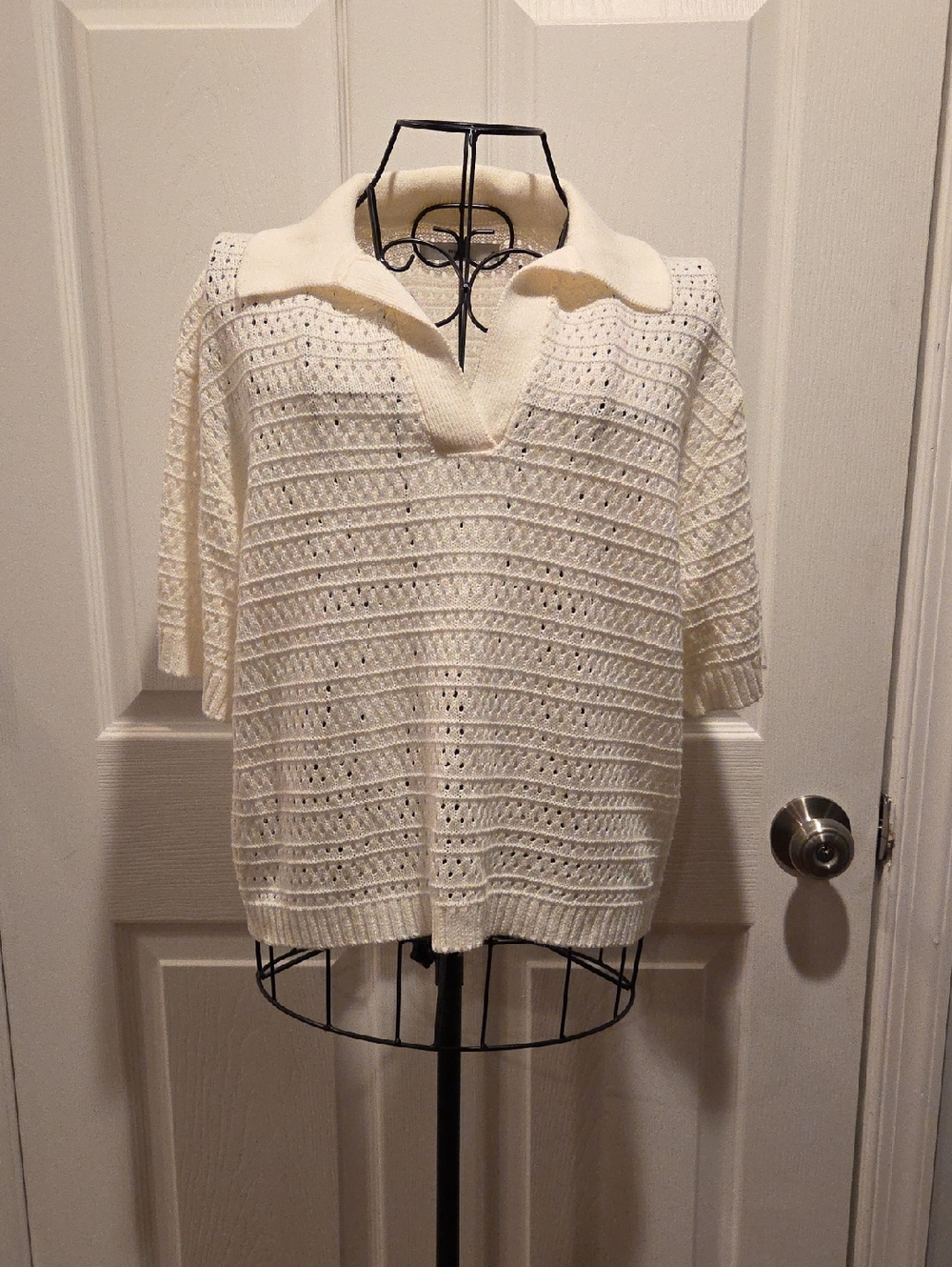 Open-Knit Cream V-Neck Polo Sweater